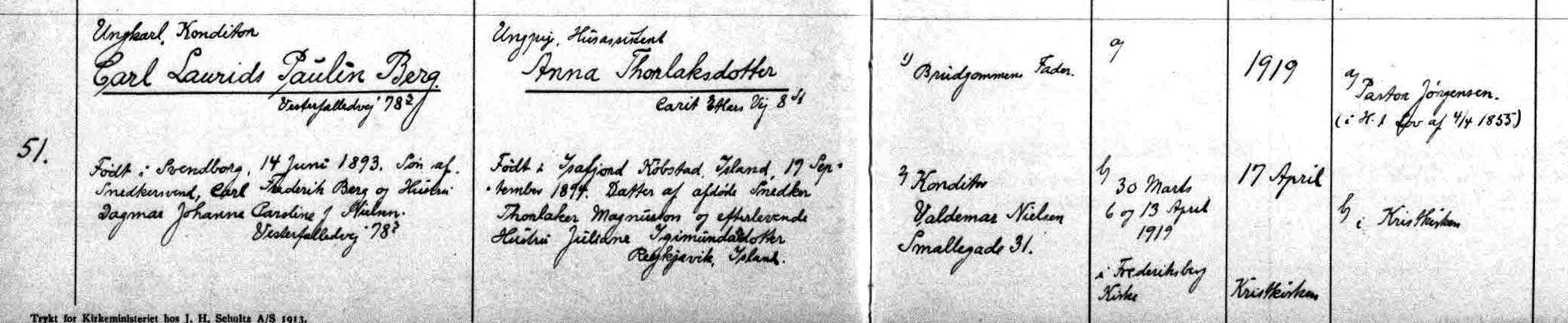 Udsnit af kirkebog, Vielse af  Carl Laurits Poulin Berg og Anna Thorlaksdotter